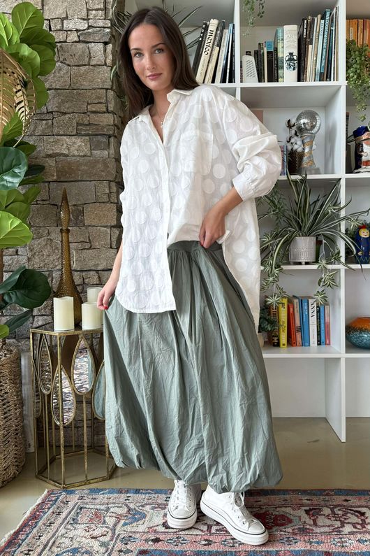 Paloma Bubble Hem Midi Skirt Soft Khaki =